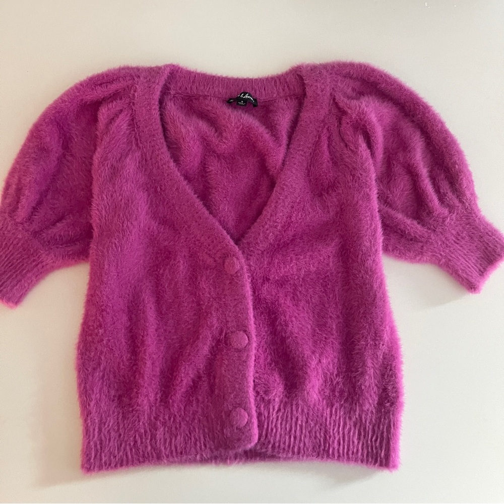 Fuzzy V-Neck Button Cardigan - Hot Pink
